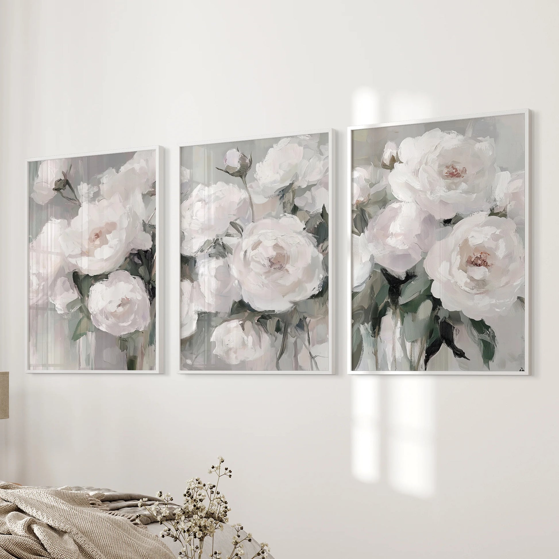 In the bedroom, a 3-piece white-framed floral decor set glows with layered petals and a nostalgic garden mood.