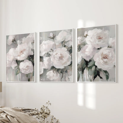 In the bedroom, a 3-piece white-framed floral decor set glows with layered petals and a nostalgic garden mood.