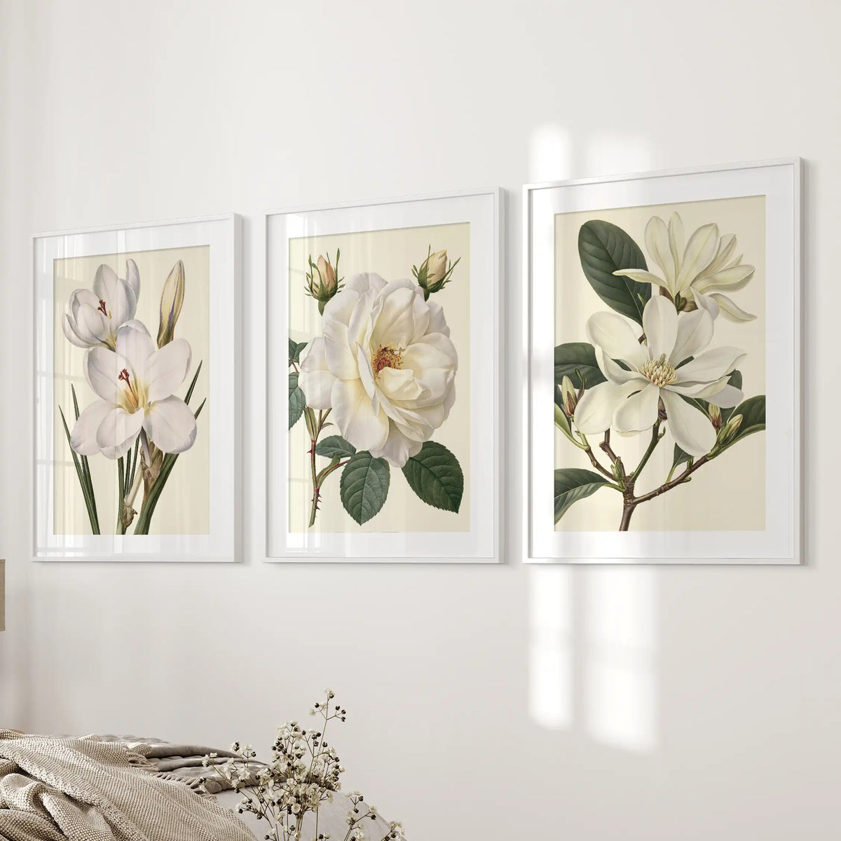 A white rose separates two other flower studies in three prints beside a bed, each surrounded by a white mat and white frame.