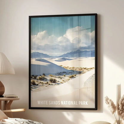 White Sands sand dunes standalone poster for the family room in a black frame, styled beside an accent chair for a calm, desert-inspired wall accent.