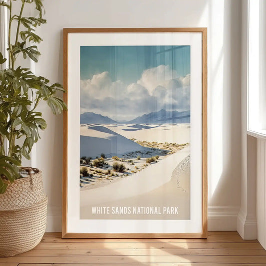 Single-panel desert poster of the Tularosa Basin, finished in a black frame with mat, leans casually on the bedroom floor for a relaxed look.
