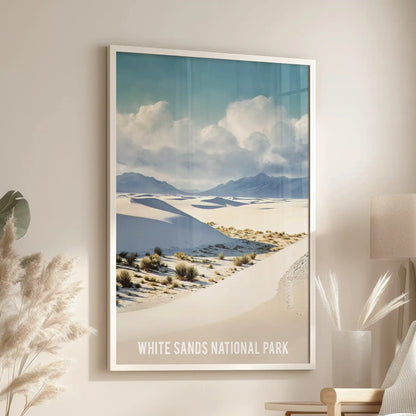 White-framed art print of a minimalist desert panorama leans near an accent chair, creating a calm point of focus in the sitting room.