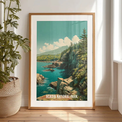 Maine Atlantic coast shoreline artwork print with a black frame and mat, propped on the bedroom floor by the window for a breezy, coastal feel.