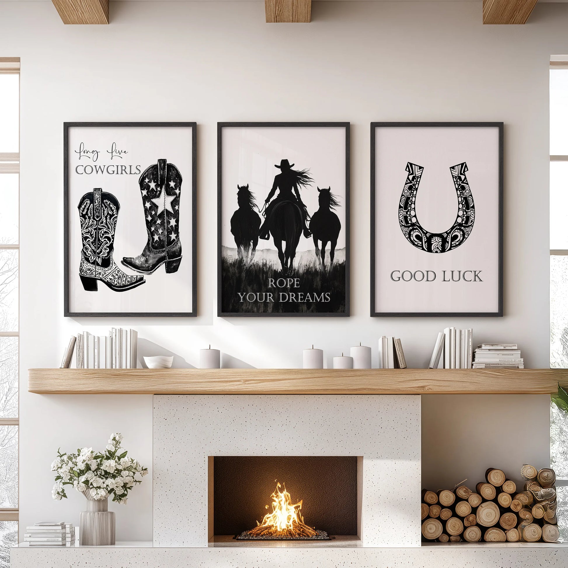 A trio of cowboy-boots wall prints in sleek black frames hangs above the sitting-room mantle, giving the space a tidy Western charm.