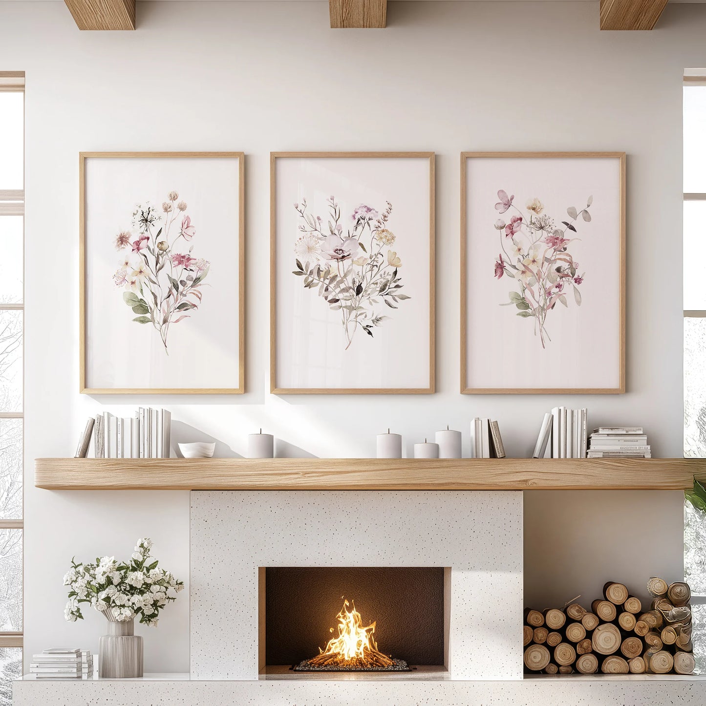 Botanical florals, a 3-piece set of wood-framed wall prints, displayed over the mantel to lift the sitting room with natural color.