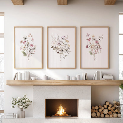 Botanical florals, a 3-piece set of wood-framed wall prints, displayed over the mantel to lift the sitting room with natural color.