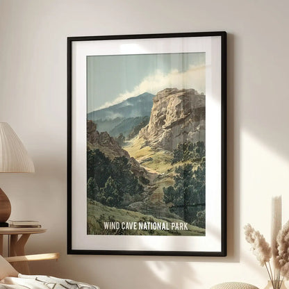 Rocky forest and cliffs statement wall decor in a black frame with mat anchors the family room wall above the lounge seat, evoking a vintage park vibe.