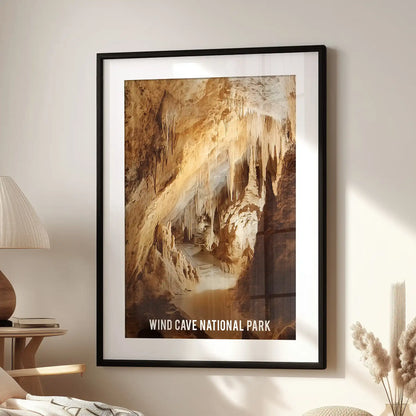 This single stalactite cave poster in a black matted frame hangs above a lounge chair, echoing a timeless national park aesthetic.