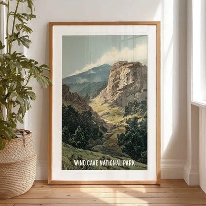 Wind Cave National Park landscape large wall poster, a black framed print with mat, rests by the bedroom window for an easy, gallery-style display.