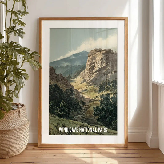 Wind Cave National Park landscape large wall poster, a black framed print with mat, rests by the bedroom window for an easy, gallery-style display.