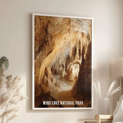 Vintage travel-style national park picture print in a white frame anchors over the accent chair, bringing Wind Cave's geology into the family room.