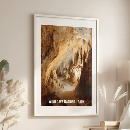Set in a white matted frame, this cave-scene poster print rests by the reading chair, bringing moody earth-tone depth to the family room.
