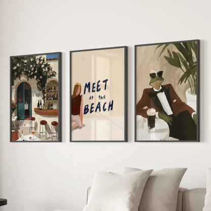 Three black-framed frog bar artworks create a lighthearted wall display above the lounge couch, lending humor and charm.