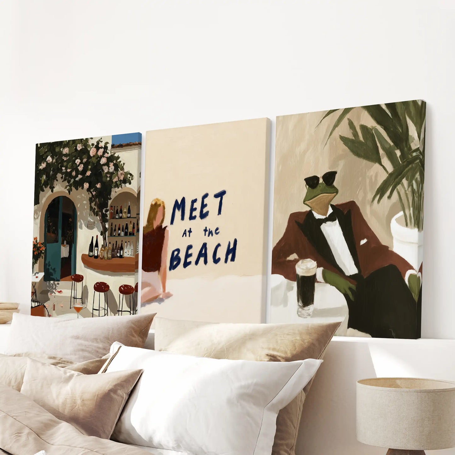 Italian cafe illustrations in a set of three wrapped canvases finish the bedroom look when centered above the headboard.