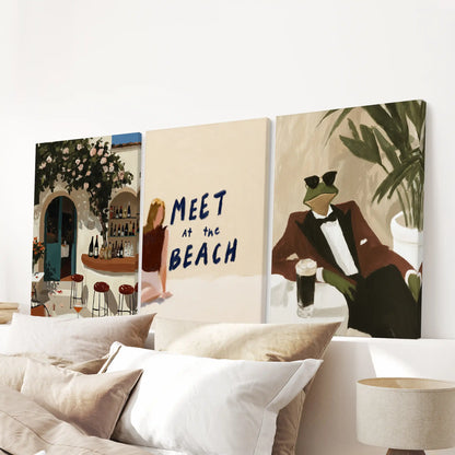 Italian cafe illustrations in a set of three wrapped canvases finish the bedroom look when centered above the headboard.