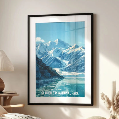 A single mountain range art piece with a black matted frame hangs above the sitting-room window and side chair, cool and serene.