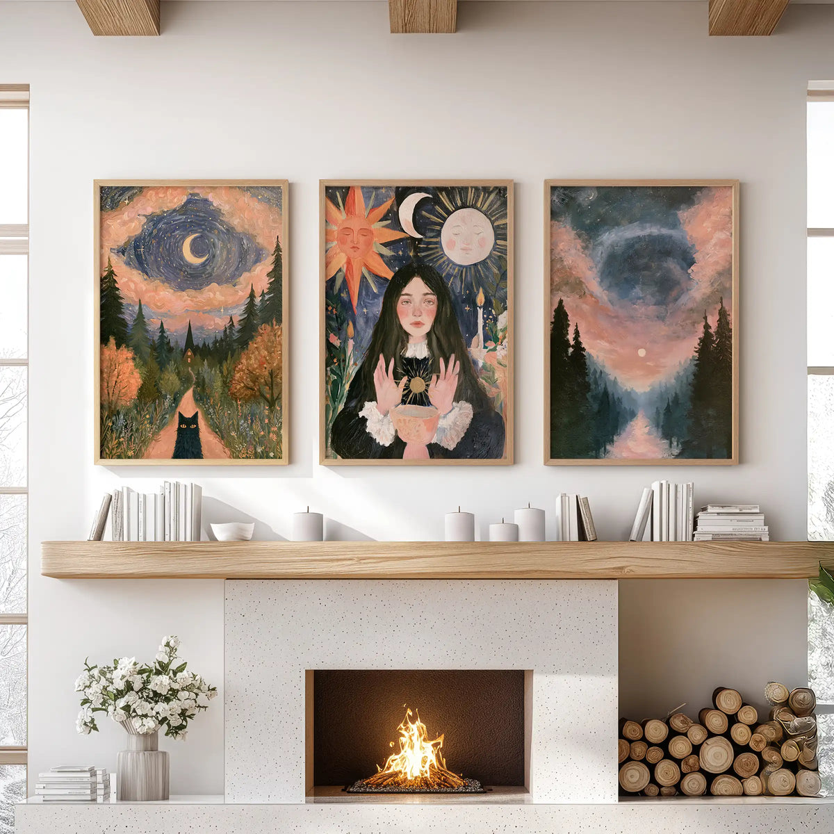 Moon phases over forest 3-piece art in solid oak frames spans the sitting-room fireplace mantel, blending organic warmth with nocturnal glow.