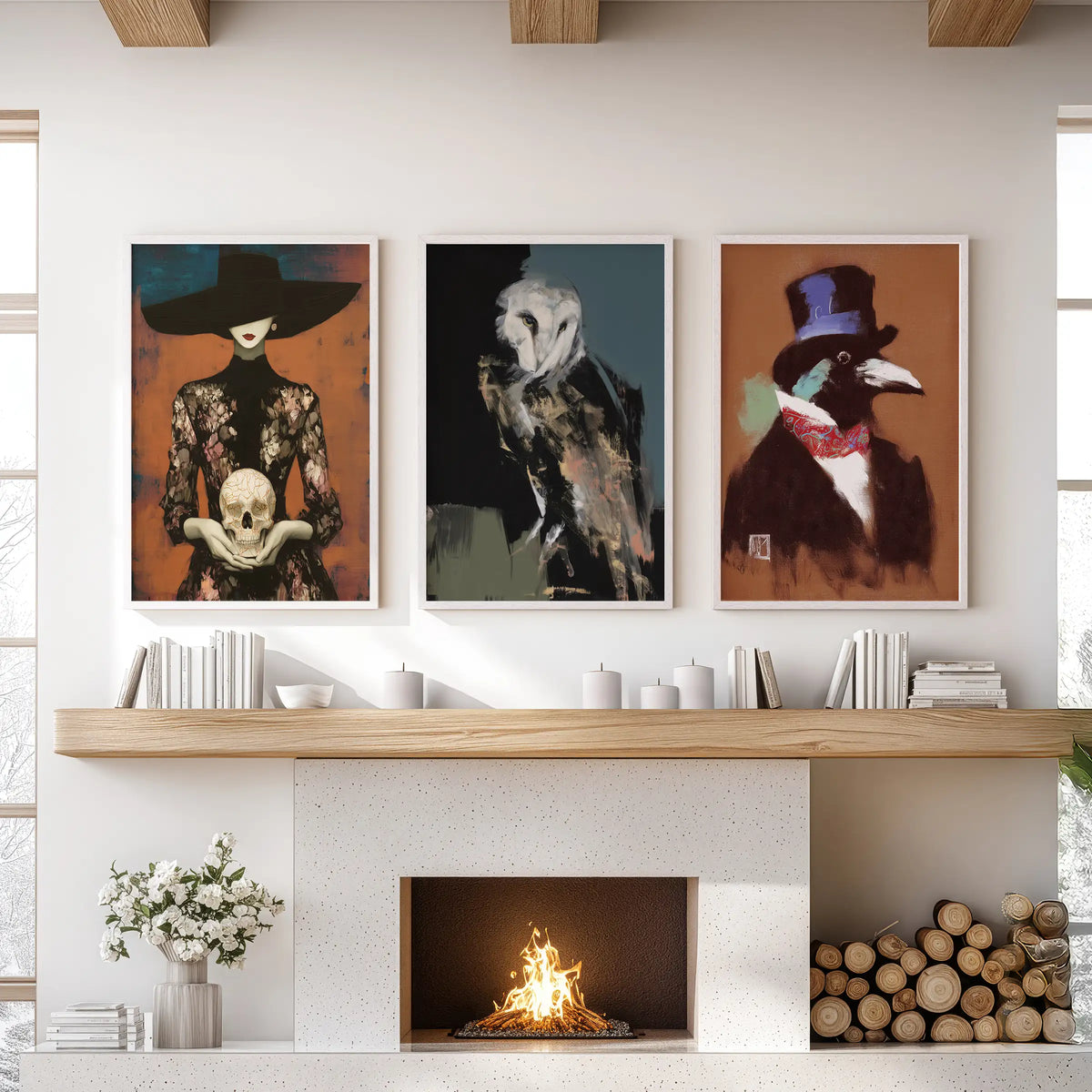 Witchy symbolism set of three wall prints in white frames, displayed over the hearth in a living room.