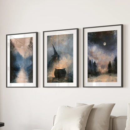 Three witch silhouette wall art pieces, matted in black frames, hang over the sofa for a relaxed sitting room display.