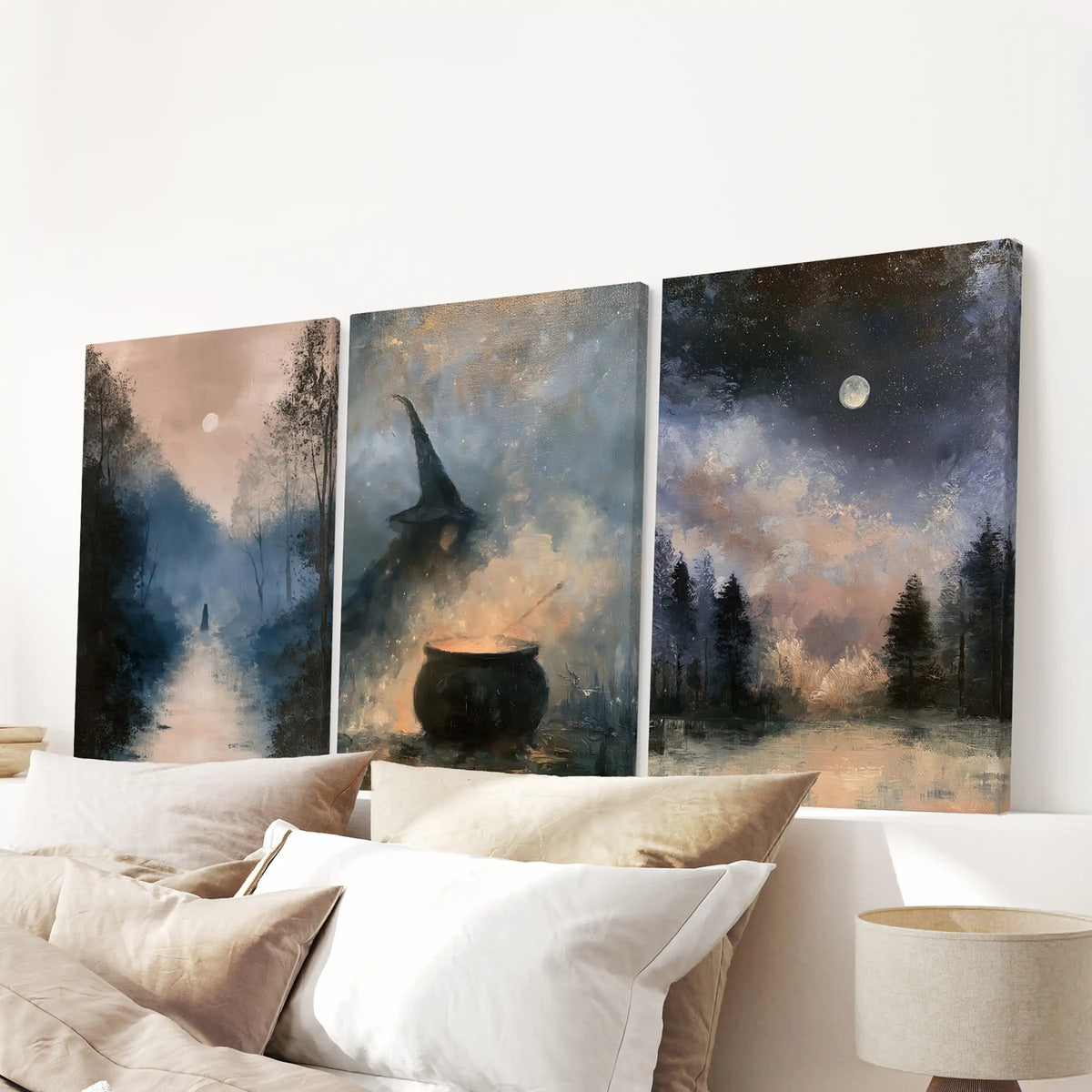 Crescent moon over pines 3 print wall set on gallery-wrapped canvases, scaled for a bedroom display over the headboard with modern, moody grace.