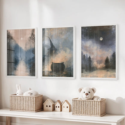 An enchanted woodland gallery wall of three white-framed pieces creates a tiny forest scene in the playroom above the toy storage bench.