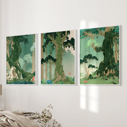 A three-print woodblock-style landscape wall art set in white frames hangs beside the bed in a bedroom.