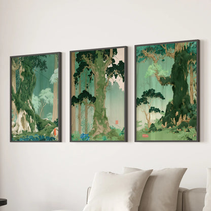 Woodblock-style landscape wall art, a set of three black-framed prints, is displayed above a sectional in the lounge.