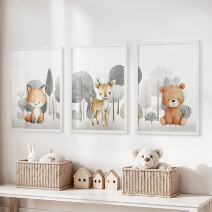 Three white-framed wall pictures of forest nursery animals lend playful warmth and balance to the child’s playroom.