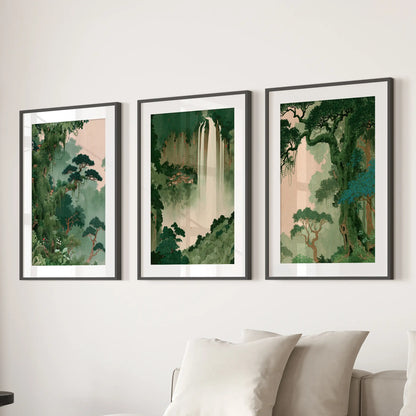 Woodland botanical wall art trio in black matted frames, arranged behind a sofa in a lounge.