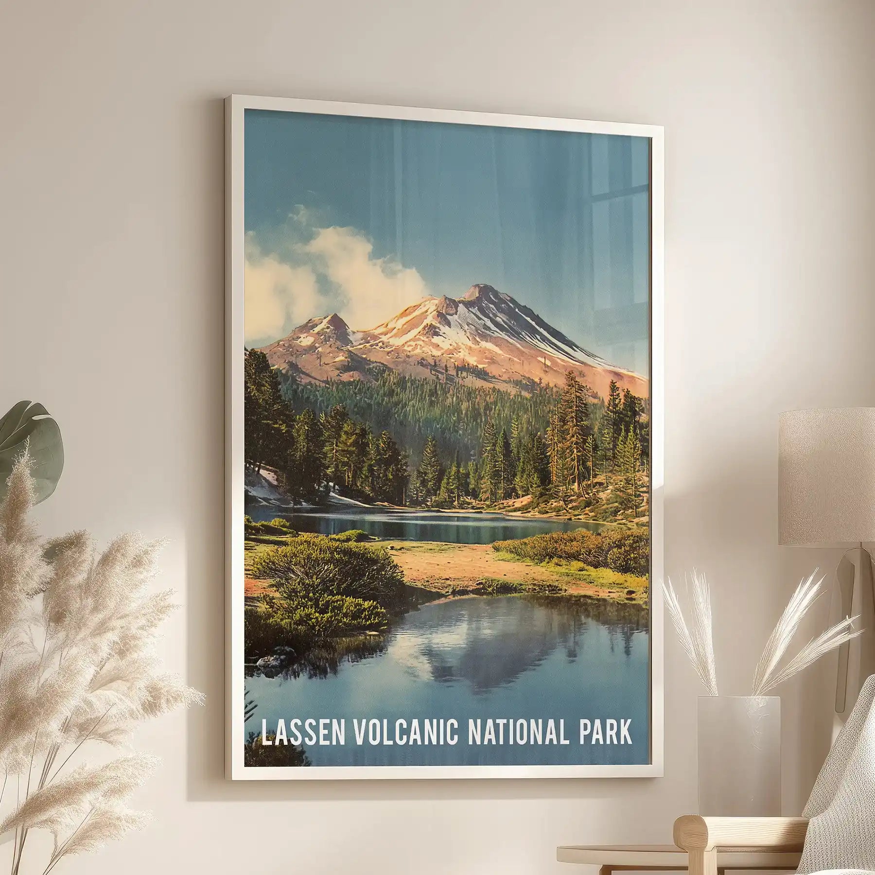 Pine forest green wilderness standalone wall art comes white framed and sits near the reading chair in the sitting room for a fresh, airy note.