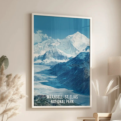 The white-framed mountain range statement artwork hangs over a lounge chair, its rugged alpine scene cooling the family room’s palette.