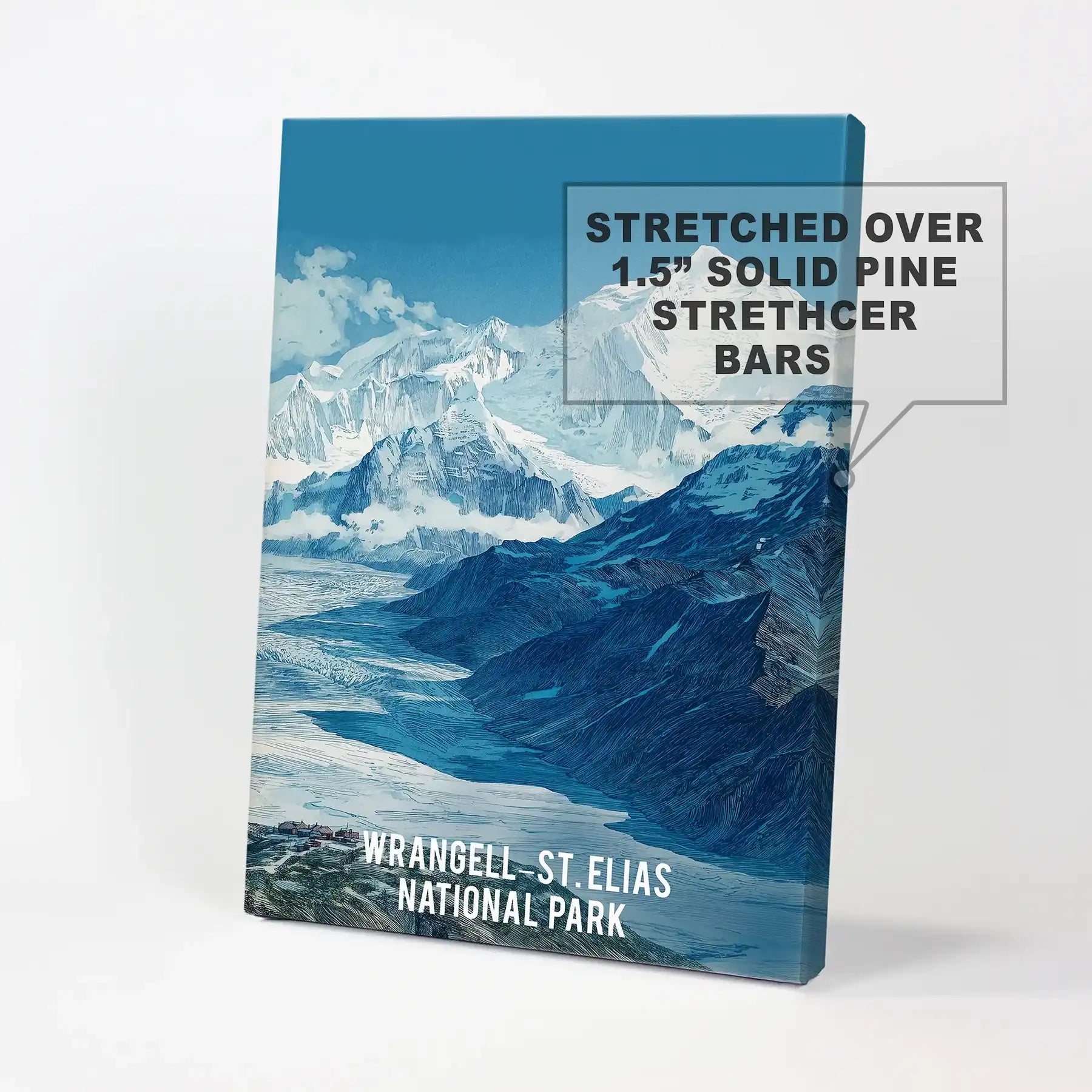An Alaska glacier illustration printed on canvas highlights tactile texture and sharp whites and blues, echoing the park’s vast frozen beauty.