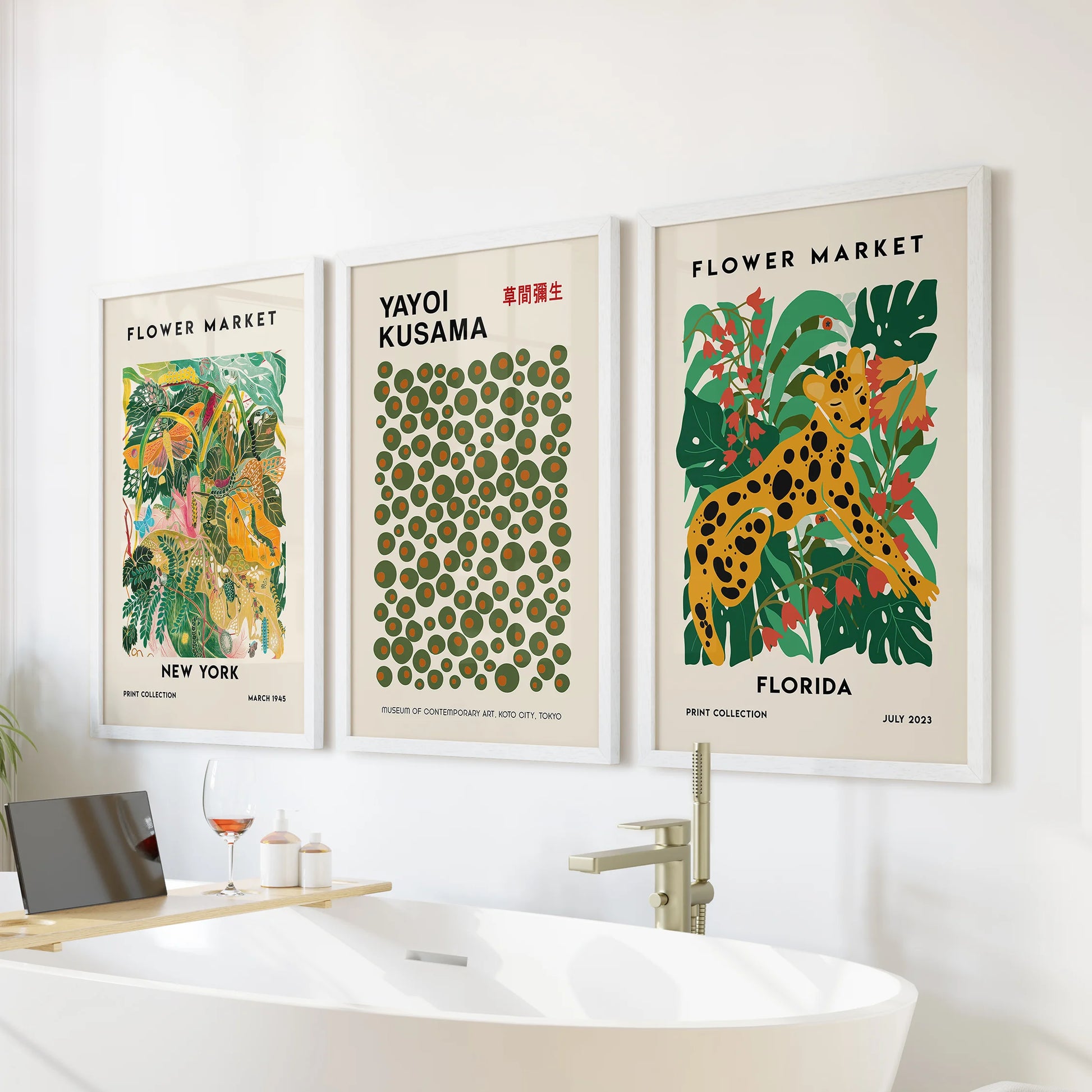 Kusama-inspired polka dot wall art, a three-piece set, adds playful rhythm over the bathroom tub in fresh white frames for a light, spa-like touch.