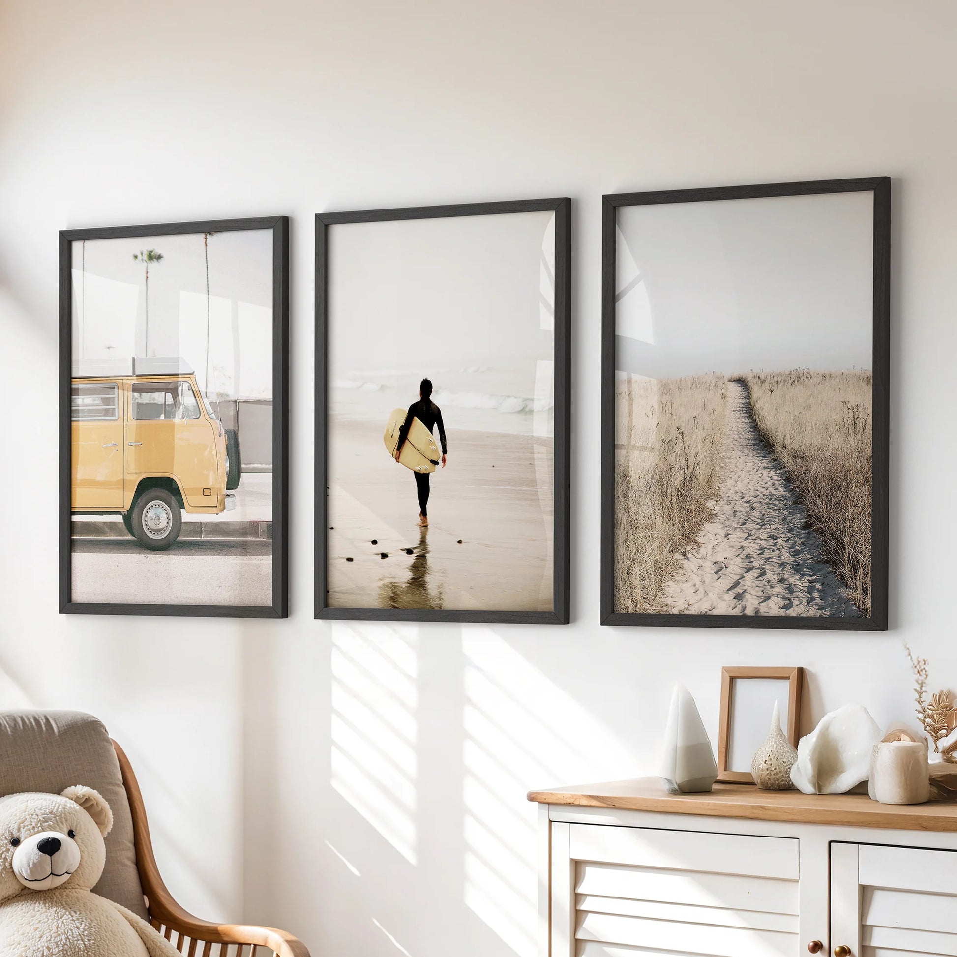Yellow beach van set of three pictures for the kids playroom, with black framed prints above the chest of drawers for sunny, playful energy.