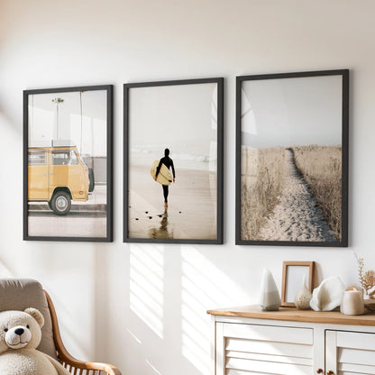 Yellow beach van set of three pictures for the kids playroom, with black framed prints above the chest of drawers for sunny, playful energy.