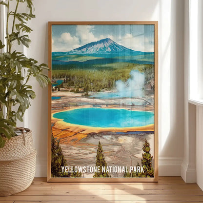 Leaning casually in the bedroom, this oak-framed Yellowstone geyser print serves as a decorative wall piece with a grounded, natural warmth.