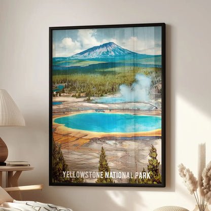 Yellowstone geyser wall art piece in a black frame brings national park drama to a living room, hanging by an accent chair.