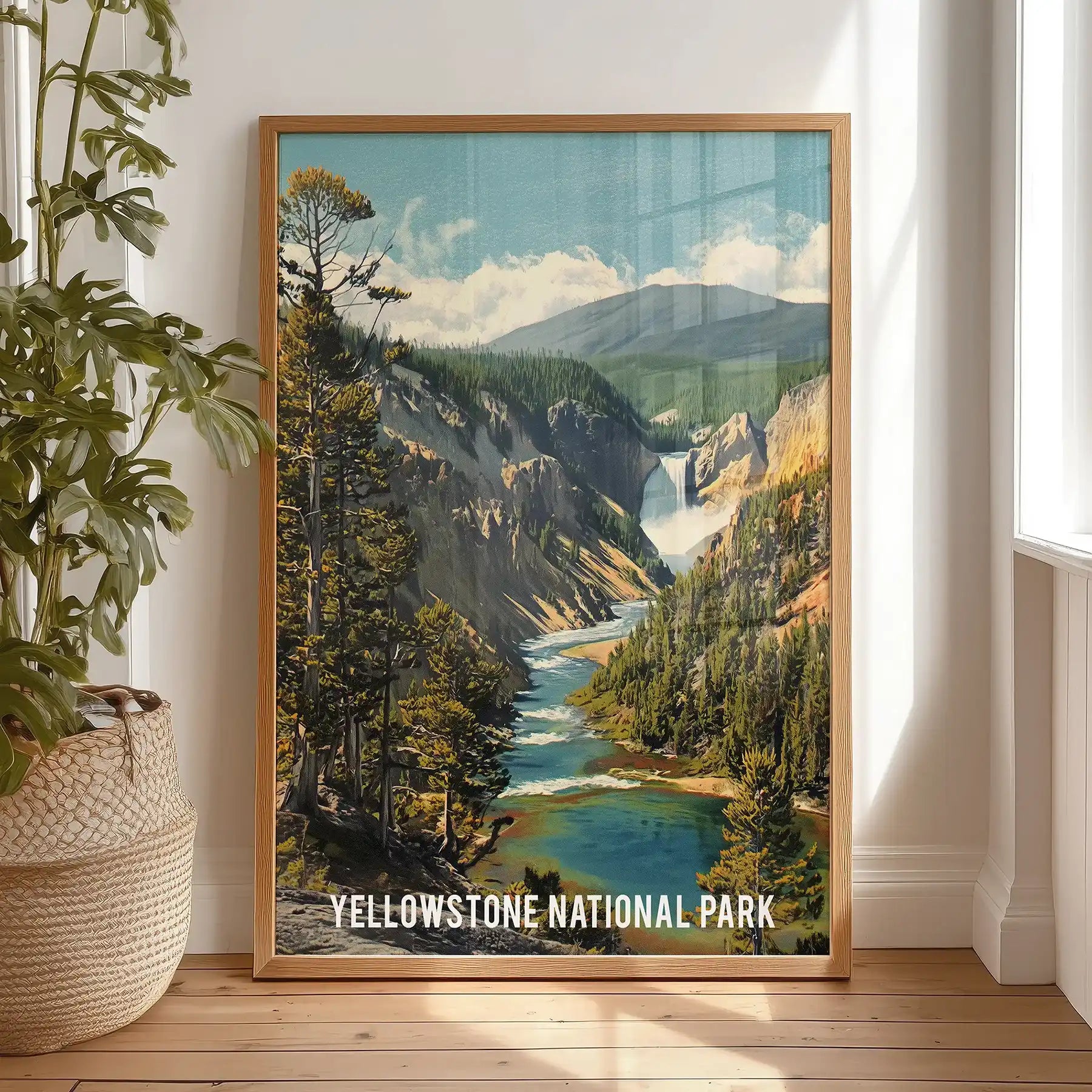Yellowstone River large art print leans casually in the bedroom, a thin wood framed piece resting on the floor for a laid-back, gallery feel.