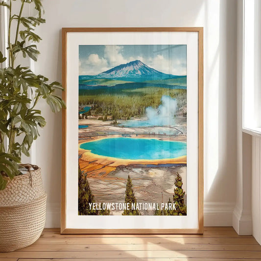Grand Prismatic Spring one-panel wall art in a black frame with mat stands on the floor by a bedroom window, filling the space with radiant mineral color.