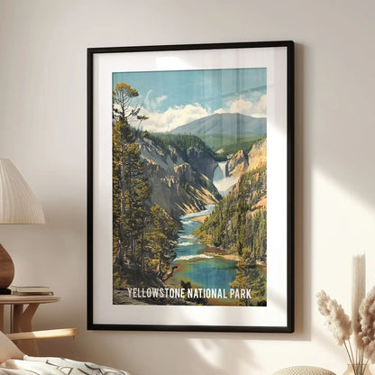 This single-panel wall print of Grand Prismatic Spring, vivid in blues and oranges, rests over the family room seat in a black frame with mat.