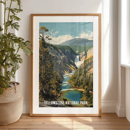 Grand Prismatic Spring large wall poster infuses the bedroom with color, leaning against the wall in a black frame with a wide mat.