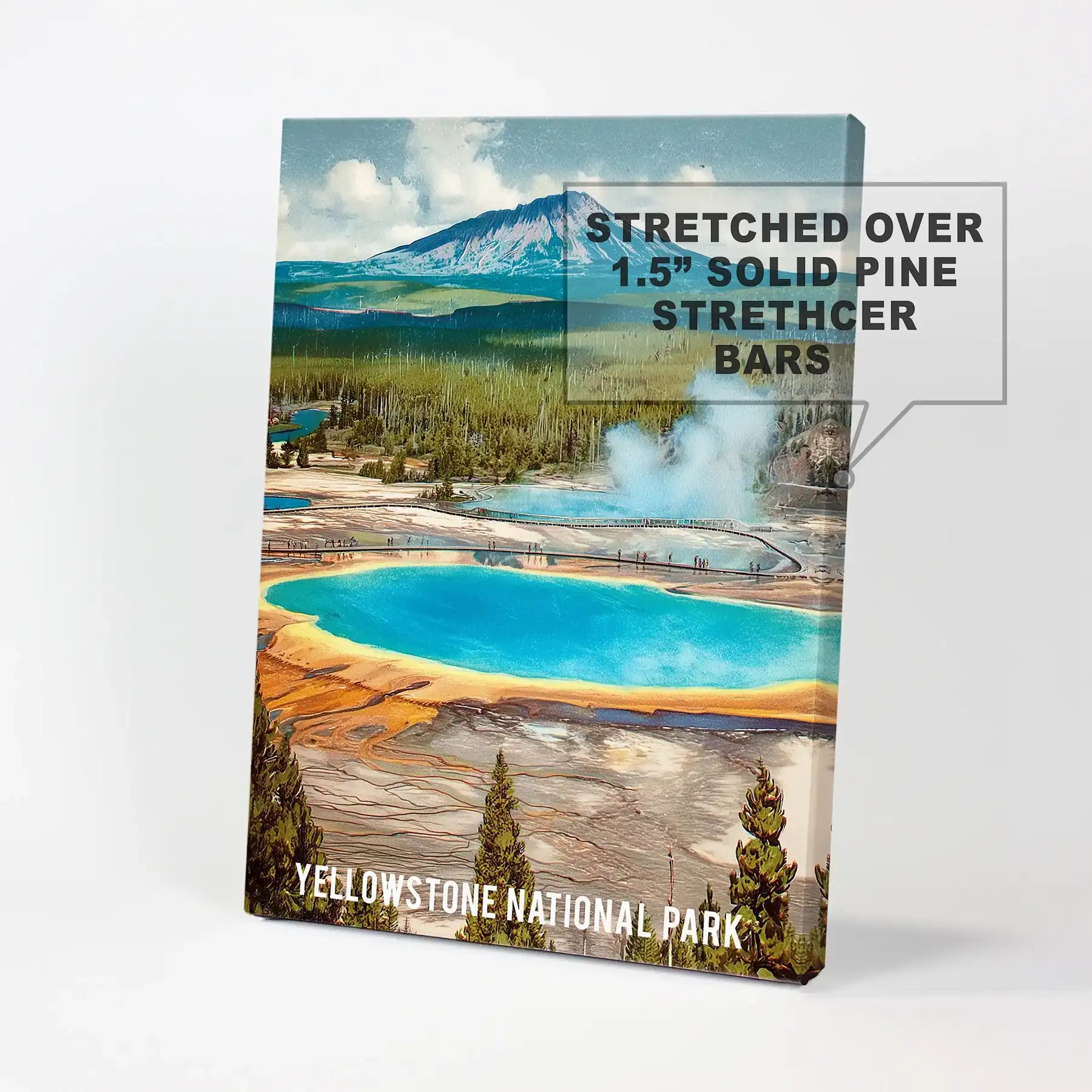 Colorful hot springs single-panel canvas wall art delivers a vivid slice of Yellowstone, with rippling rings and steam rendered in saturated hues.