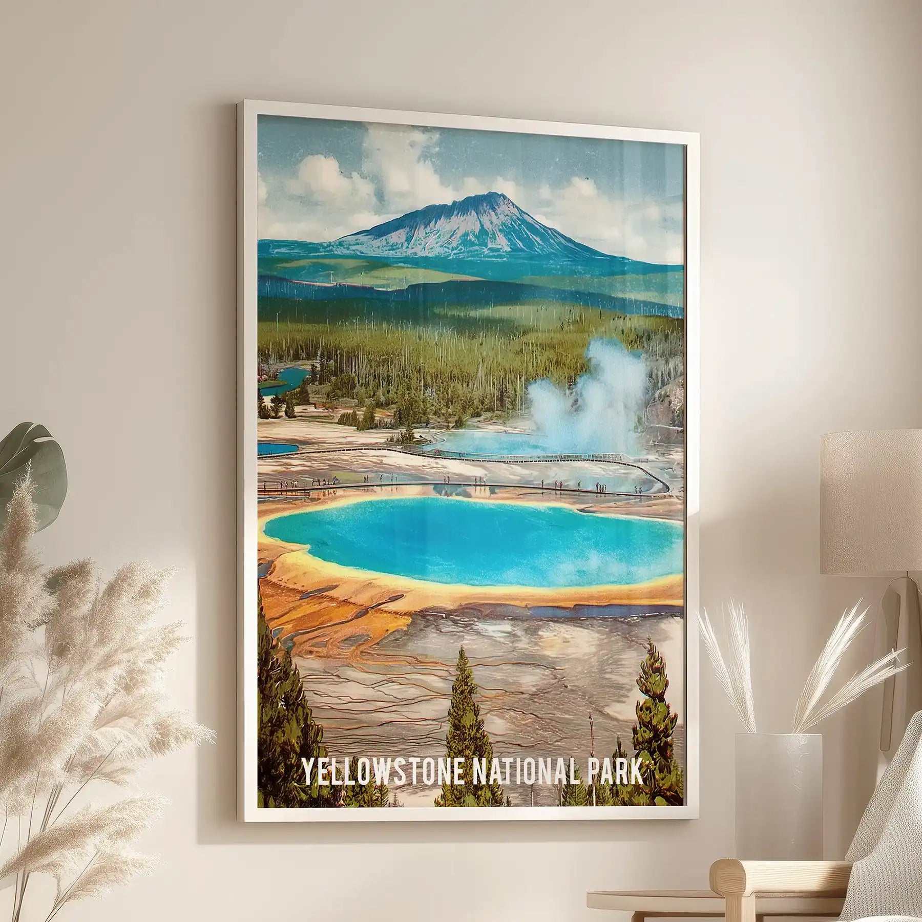 Clean and crisp, a white-framed Yellowstone landscape poster adds fresh national park scenery above an accent chair in the living room.
