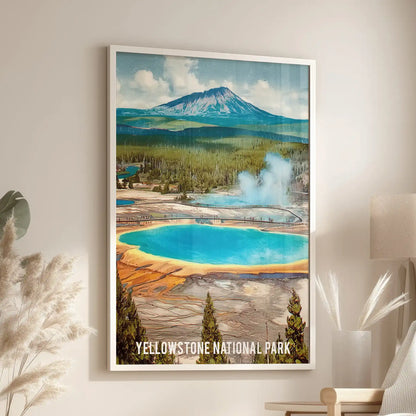 Clean and crisp, a white-framed Yellowstone landscape poster adds fresh national park scenery above an accent chair in the living room.