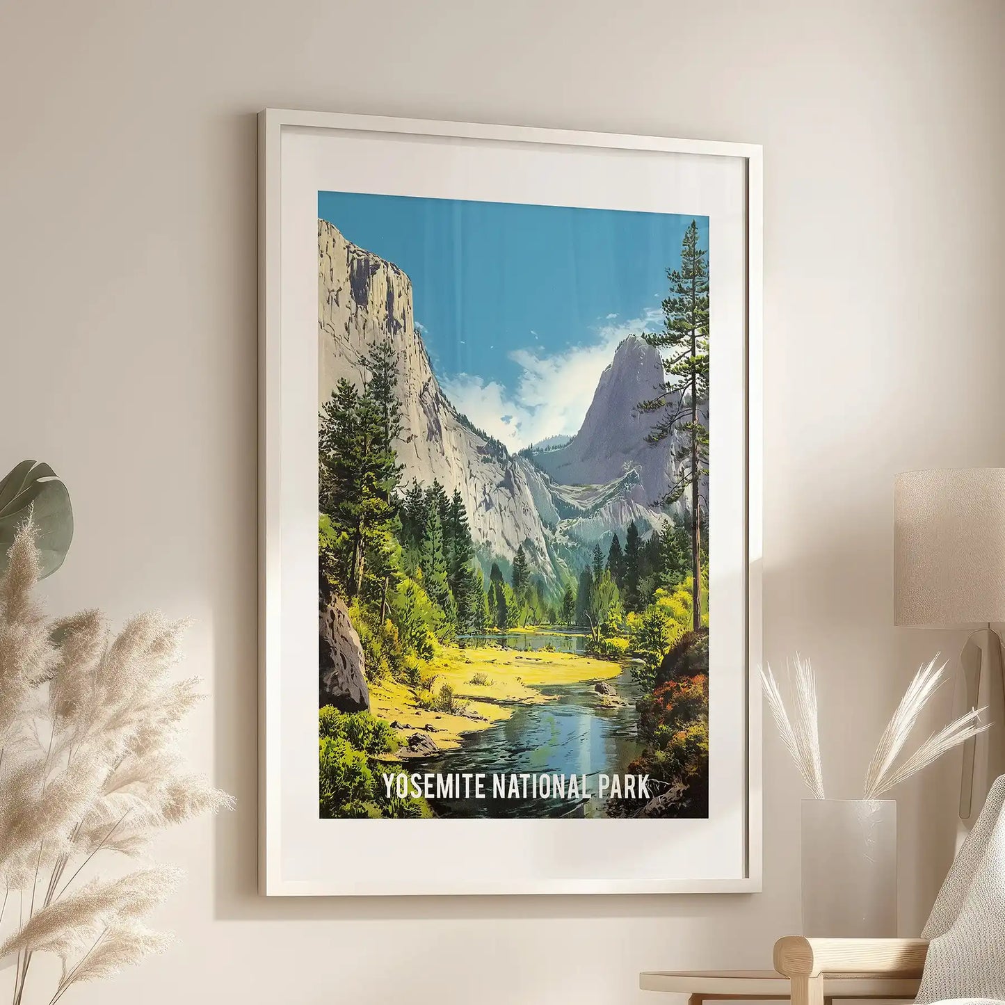 This standalone wall print of a green and blue river view, set in a white matted frame, accents the sitting room above the chair.