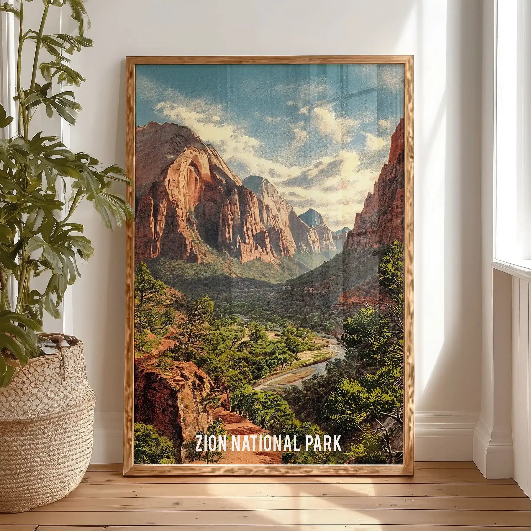 Southwest desert scenery decorative wall art in a natural oak frame leans on the bedroom floor, warm tones of sandstone and sage bringing calm to the space.