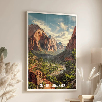 Red rock canyon single framed art in a crisp white frame hangs above a chair in the sitting room, layers of rust-red stone and shadow giving depth.