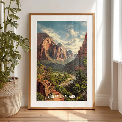 Zion National Park wall poster with a black frame and mat stands against the bedroom wall, showcasing sheer canyon walls and the Virgin River below.
