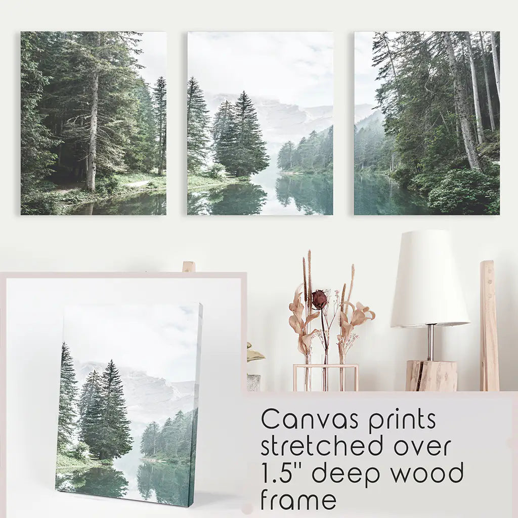 Foggy Forest River with Trees and Mountain - Stretched Canvas