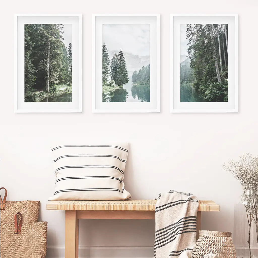 Foggy Forest River with Trees and Mountain - White Frames with Mat